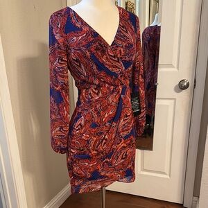 WHBM Orange and Blue Faux Wrap Sheath Chiffon Dress